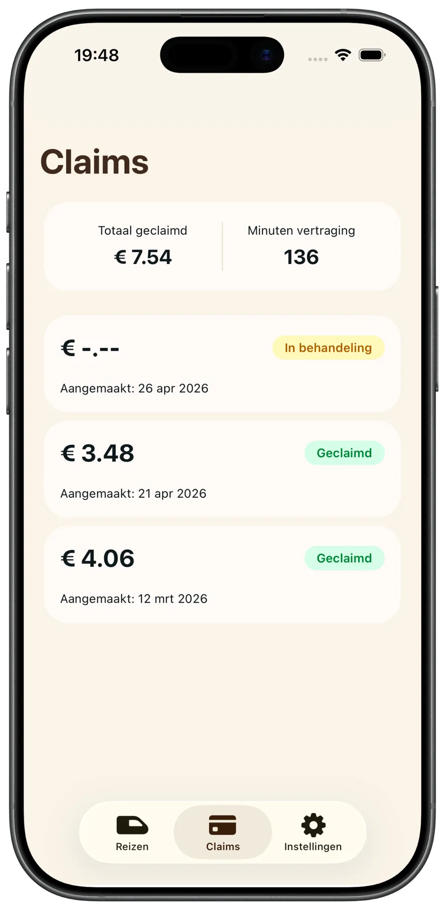 Treinmaat app op het Claims scherm: totaal geclaimd €7,54 en een lijst met claims.